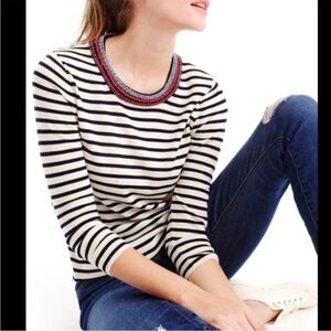 (R6)J. Crew Navy 
Stripe 3/4 Sleeve Beaded
Neckline Merino Wool
Sweater,Sz L